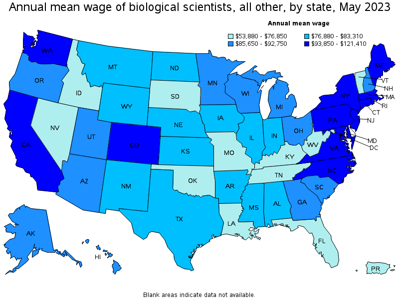 Map of annual mean wages of biological scientists, all other by state, May 2023