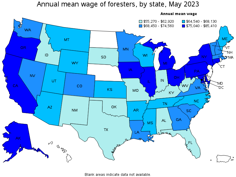 Map of annual mean wages of foresters by state, May 2023