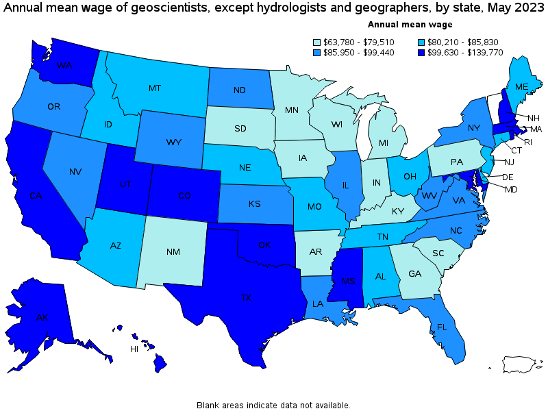 Map of annual mean wages of geoscientists, except hydrologists and geographers by state, May 2023