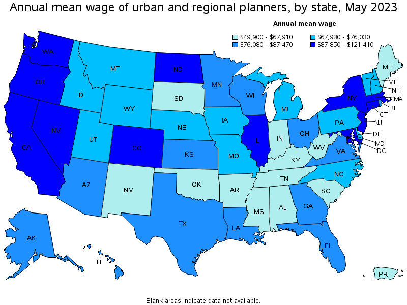 Map of annual mean wages of urban and regional planners by state, May 2023