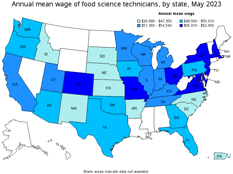 Map of annual mean wages of food science technicians by state, May 2023