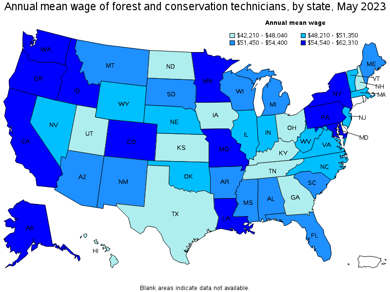 Map of annual mean wages of forest and conservation technicians by state, May 2023
