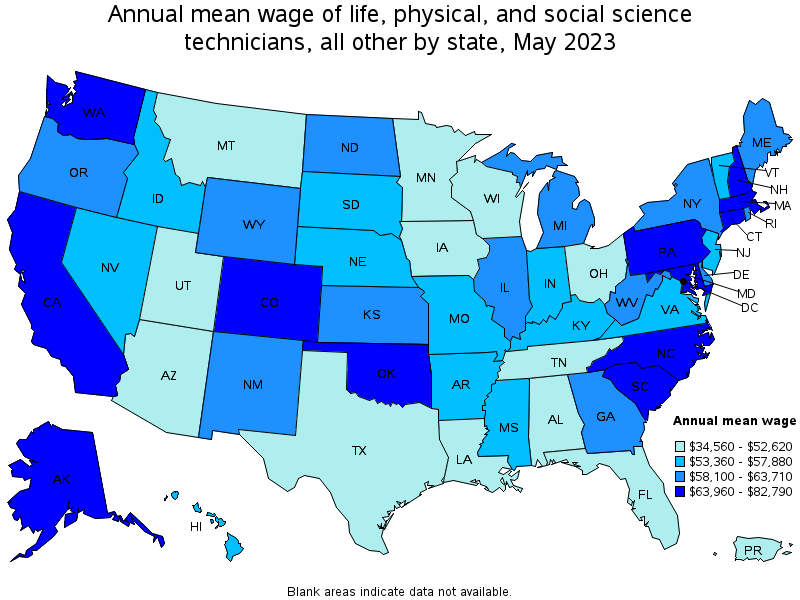 Map of annual mean wages of life, physical, and social science technicians, all other by state, May 2023