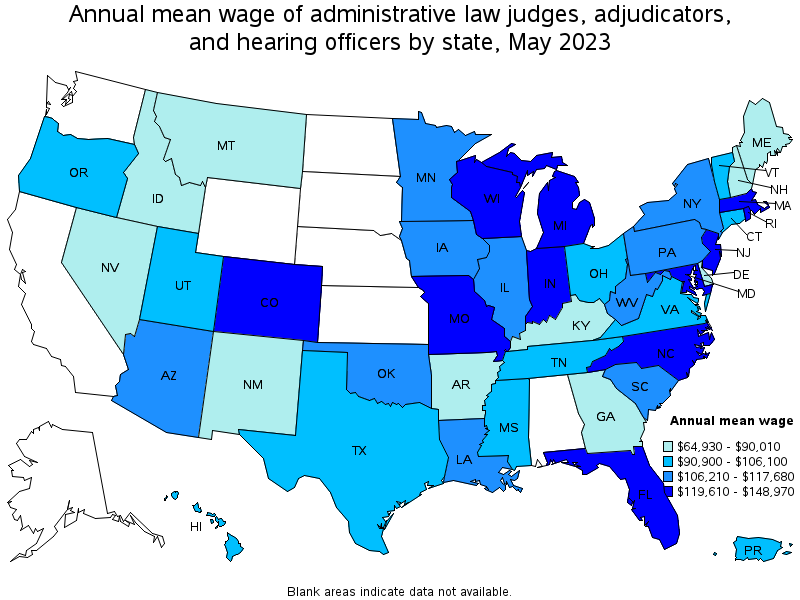 Map of annual mean wages of administrative law judges, adjudicators, and hearing officers by state, May 2023