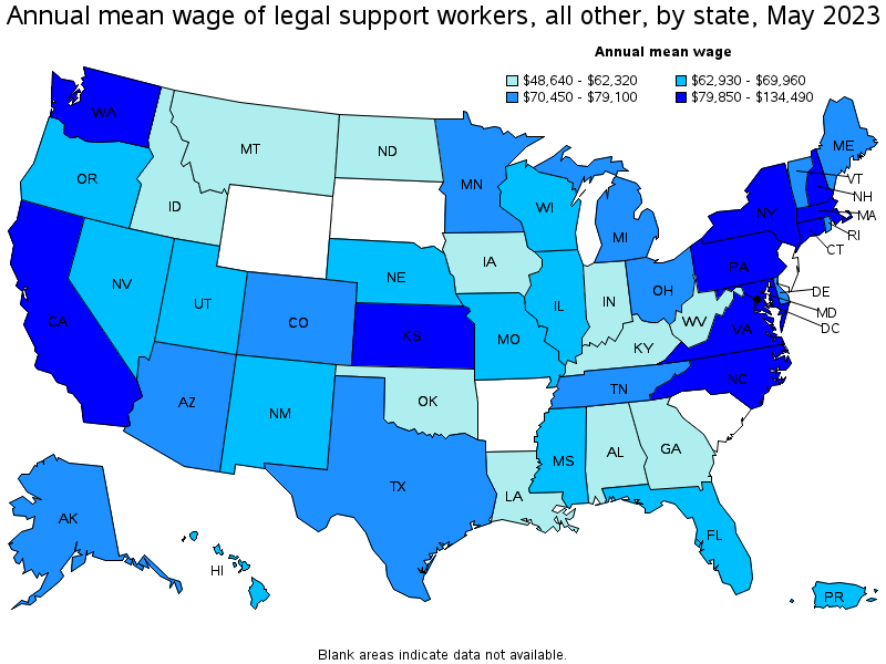 Map of annual mean wages of legal support workers, all other by state, May 2023