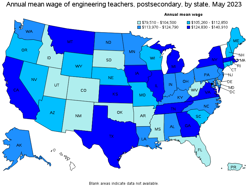 Map of annual mean wages of engineering teachers, postsecondary by state, May 2023