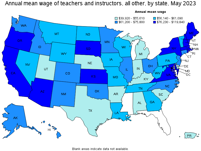 Map of annual mean wages of teachers and instructors, all other by state, May 2023