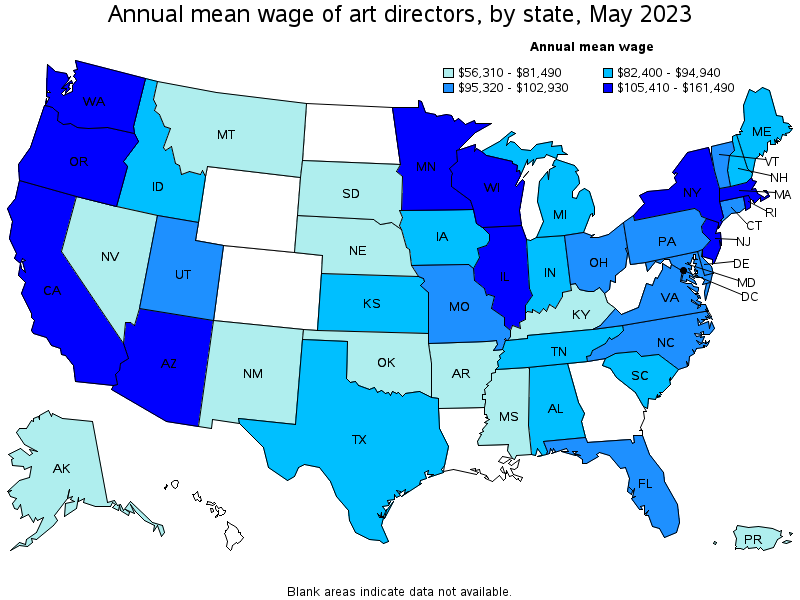 Map of annual mean wages of art directors by state, May 2023