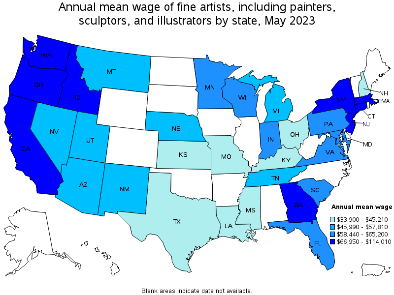 Map of annual mean wages of fine artists, including painters, sculptors, and illustrators by state, May 2023