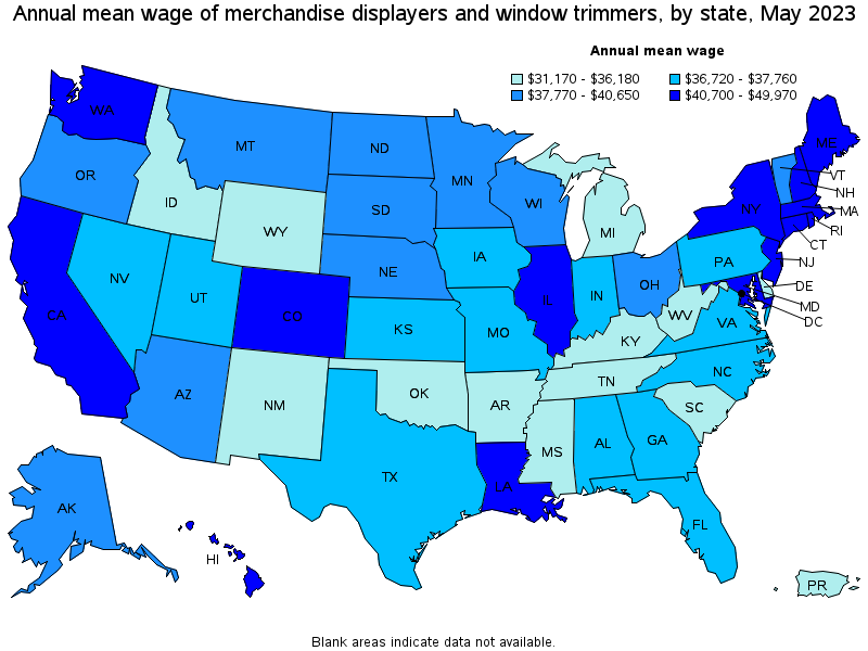 Map of annual mean wages of merchandise displayers and window trimmers by state, May 2023