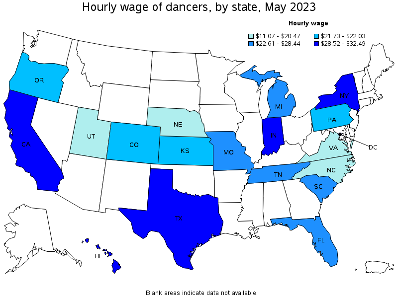 Map of annual mean wages of dancers by state, May 2023