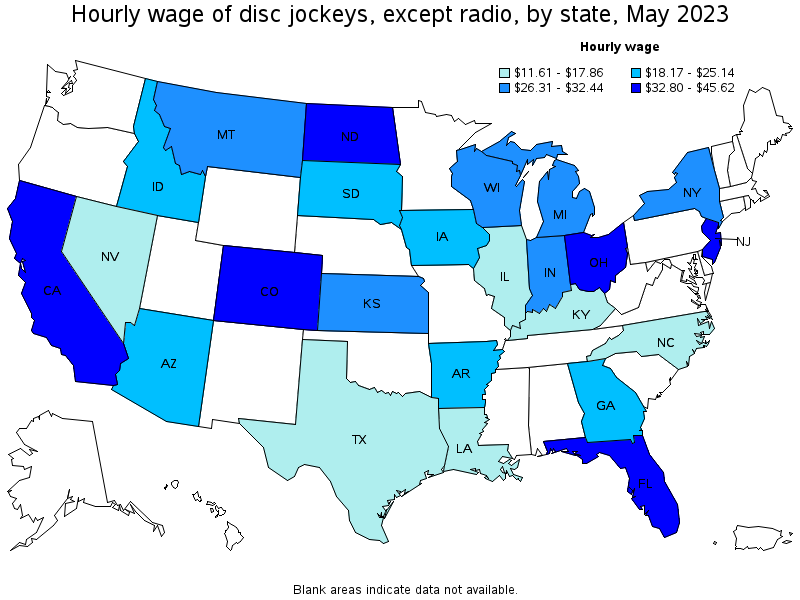 Map of annual mean wages of disc jockeys, except radio by state, May 2023