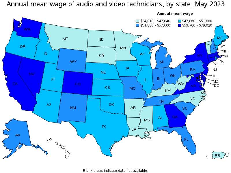 Map of annual mean wages of audio and video technicians by state, May 2023