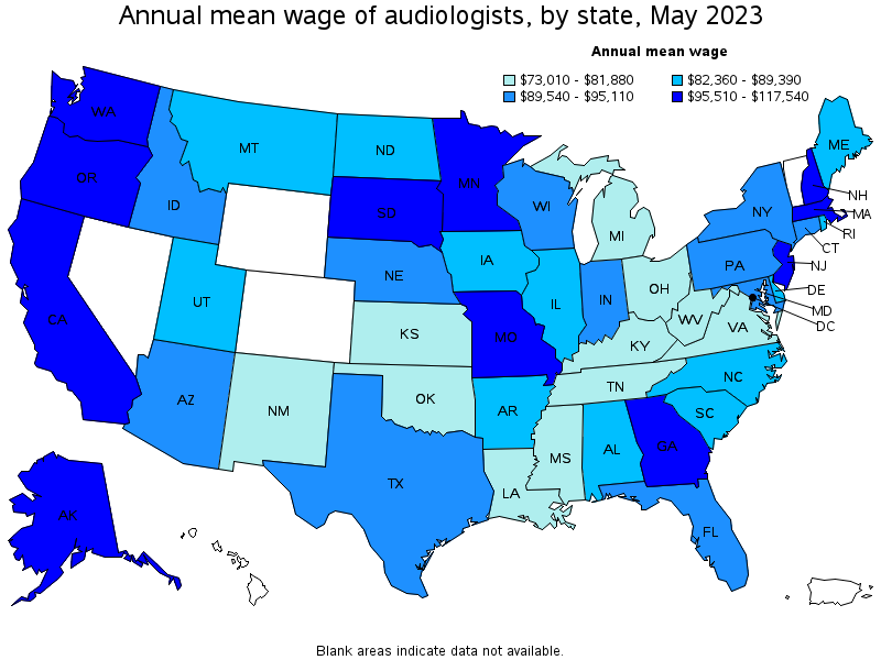 Map of annual mean wages of audiologists by state, May 2023