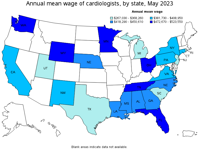 Map of annual mean wages of cardiologists by state, May 2023