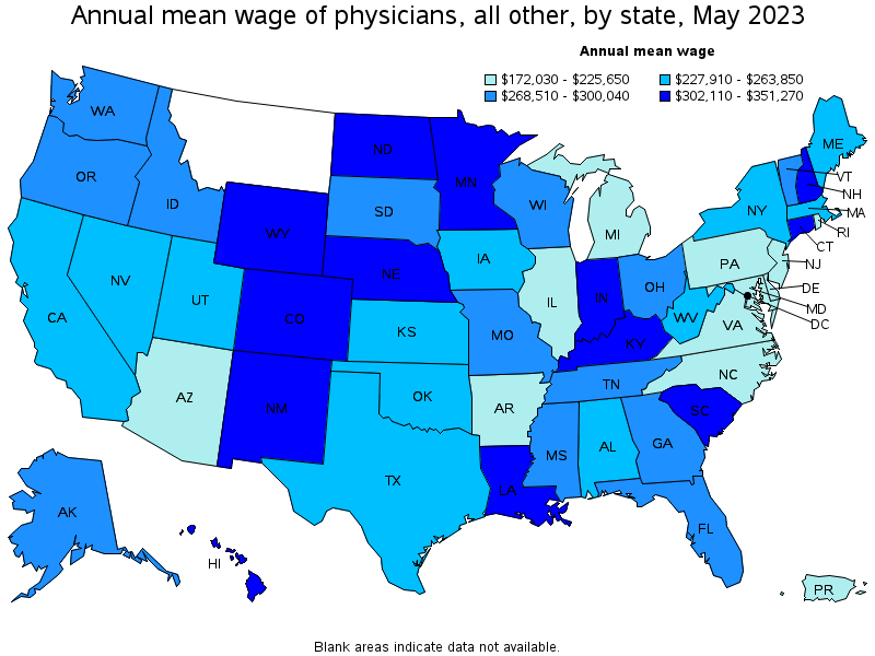 Map of annual mean wages of physicians, all other by state, May 2023