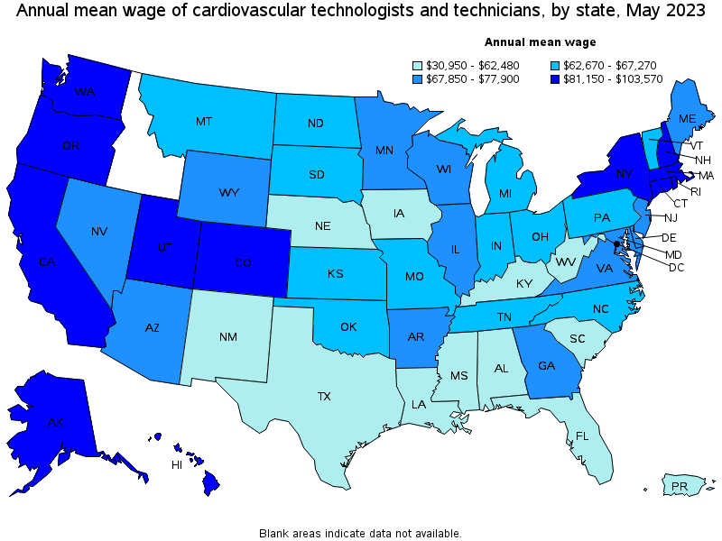 Map of annual mean wages of cardiovascular technologists and technicians by state, May 2023