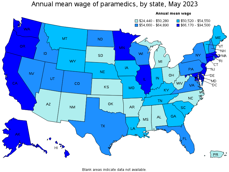 Map of annual mean wages of paramedics by state, May 2023