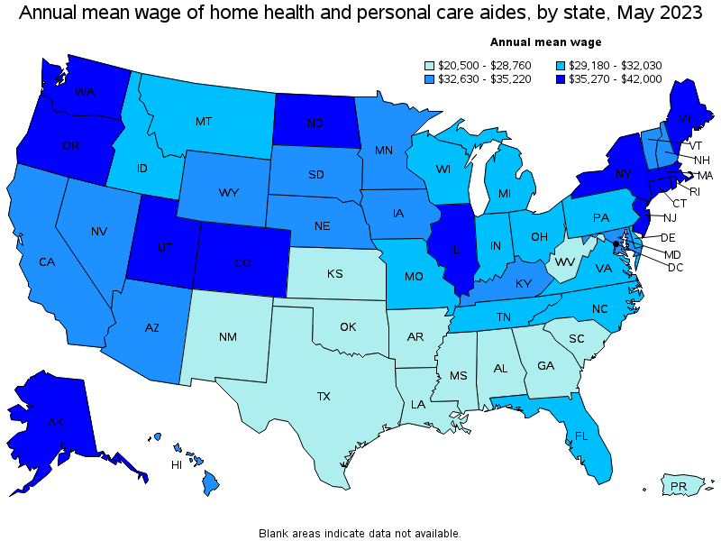 Map of annual mean wages of home health and personal care aides by state, May 2023