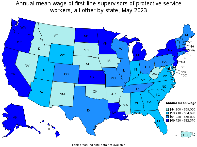 Map of annual mean wages of first-line supervisors of protective service workers, all other by state, May 2023