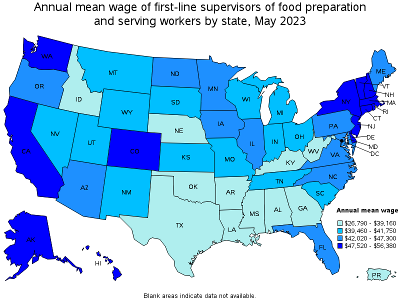 Map of annual mean wages of first-line supervisors of food preparation and serving workers by state, May 2023