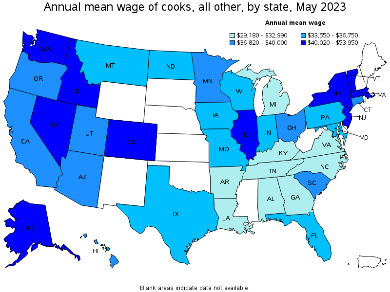 Map of annual mean wages of cooks, all other by state, May 2023