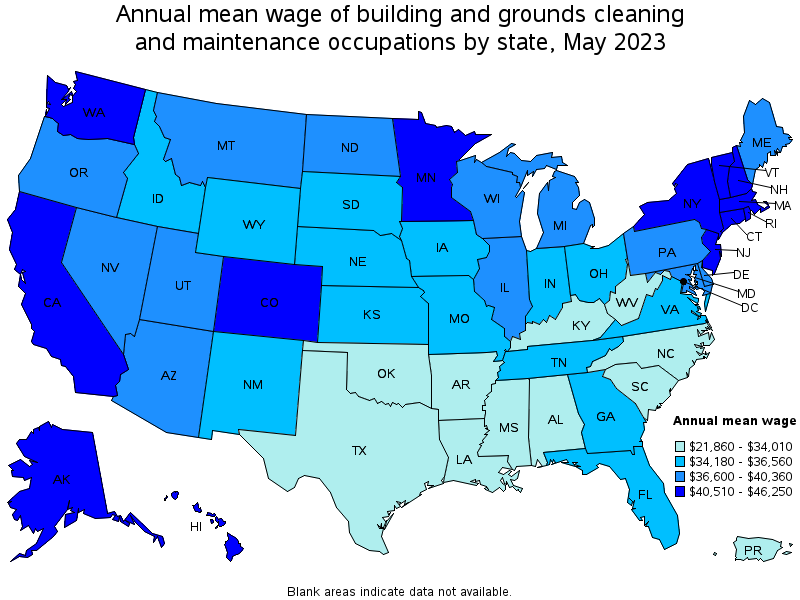 Map of annual mean wages of building and grounds cleaning and maintenance occupations by state, May 2023