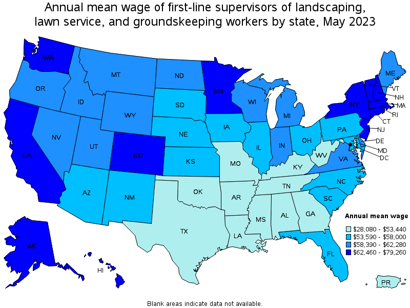 Map of annual mean wages of first-line supervisors of landscaping, lawn service, and groundskeeping workers by state, May 2023