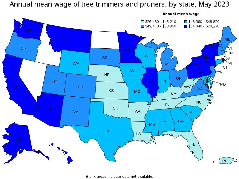 Map of annual mean wages of tree trimmers and pruners by state, May 2023