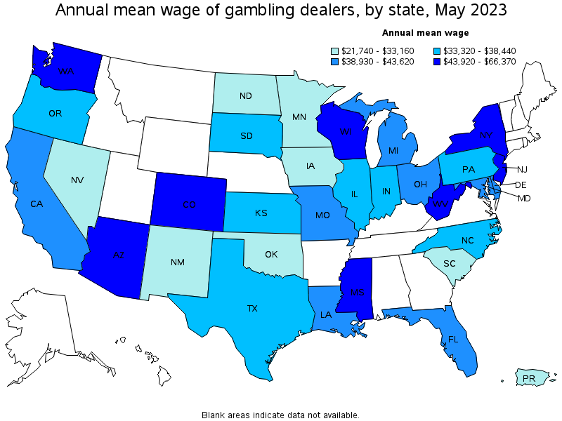 Map of annual mean wages of gambling dealers by state, May 2023
