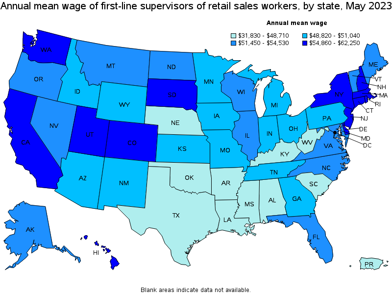 Map of annual mean wages of first-line supervisors of retail sales workers by state, May 2023