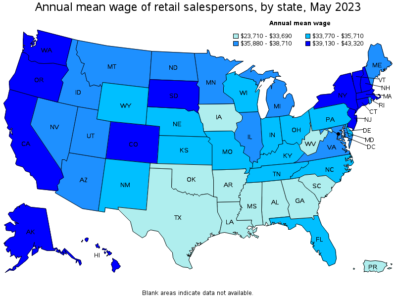 Map of annual mean wages of retail salespersons by state, May 2023