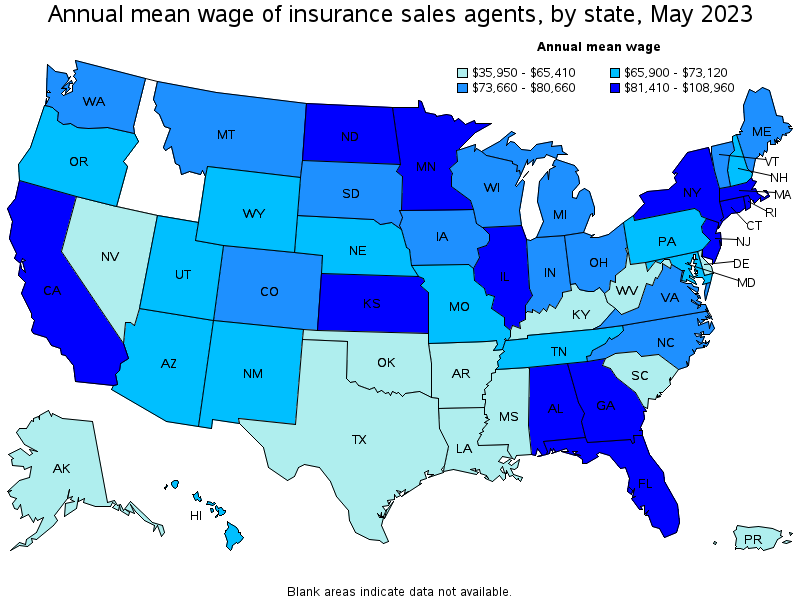 Map of annual mean wages of insurance sales agents by state, May 2023