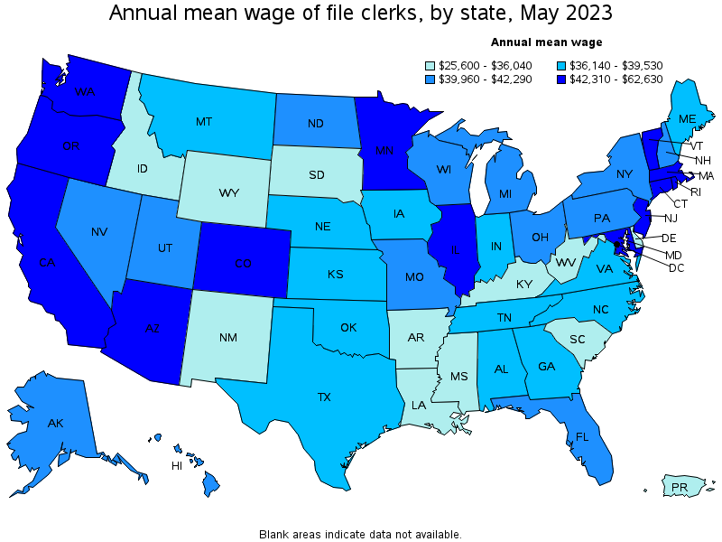 Map of annual mean wages of file clerks by state, May 2023