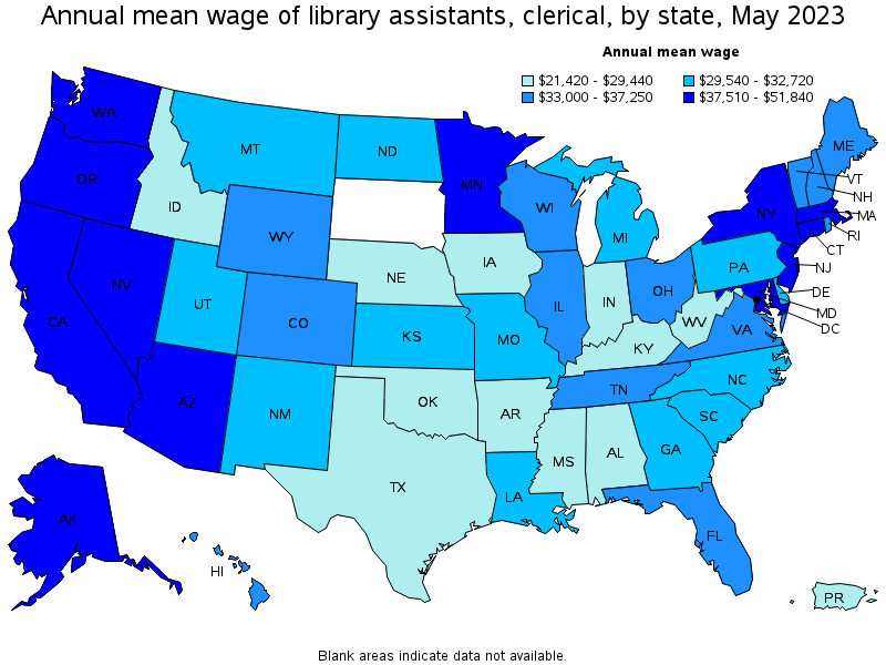 Map of annual mean wages of library assistants, clerical by state, May 2023
