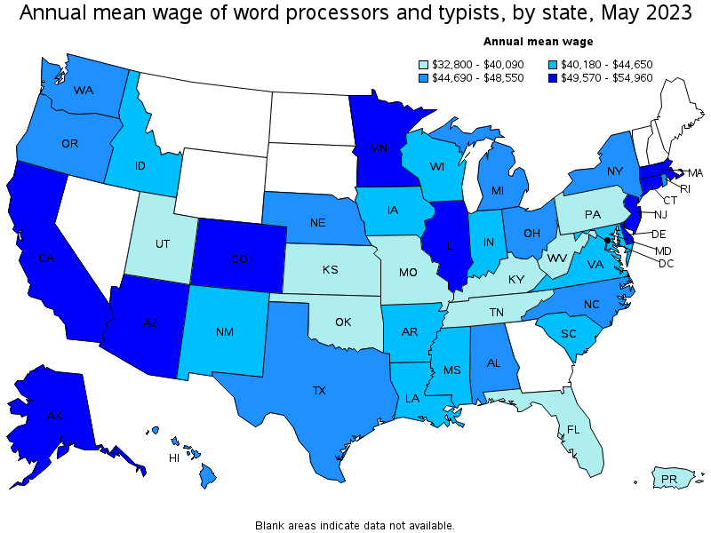 Map of annual mean wages of word processors and typists by state, May 2023