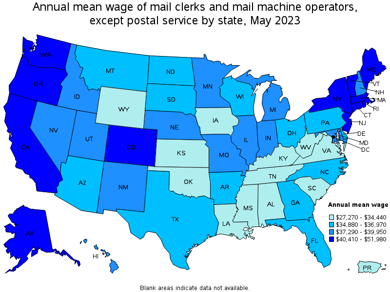 Map of annual mean wages of mail clerks and mail machine operators, except postal service by state, May 2023