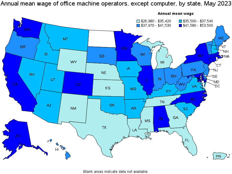 Map of annual mean wages of office machine operators, except computer by state, May 2023