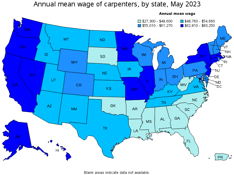 Map of annual mean wages of carpenters by state, May 2023