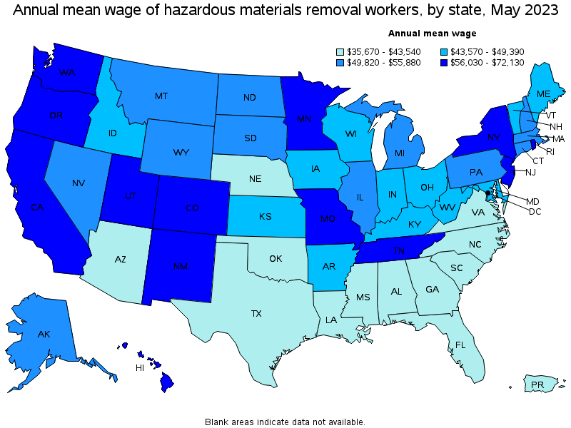 Map of annual mean wages of hazardous materials removal workers by state, May 2023