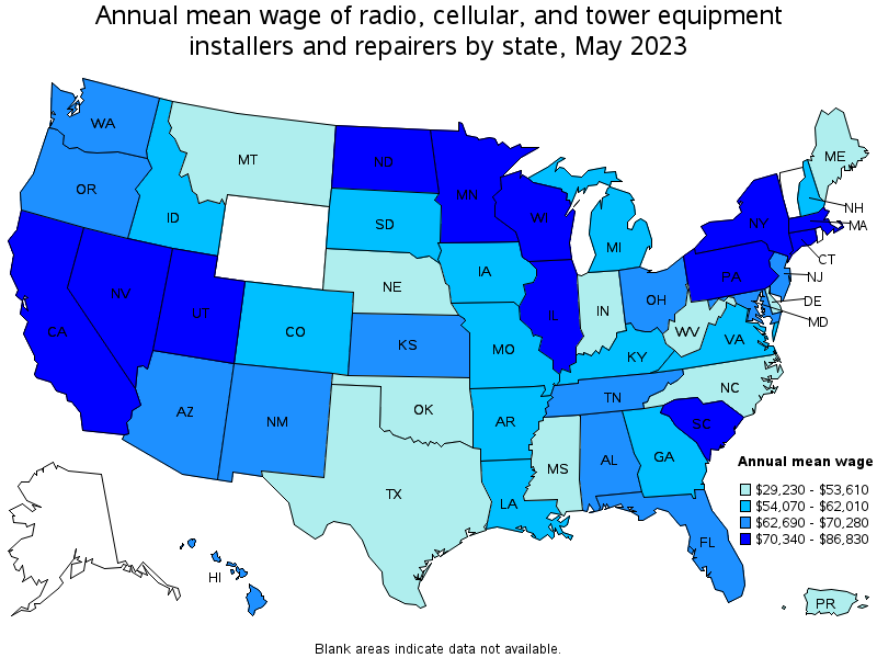 Map of annual mean wages of radio, cellular, and tower equipment installers and repairers by state, May 2023