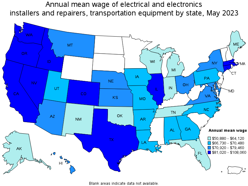 Map of annual mean wages of electrical and electronics installers and repairers, transportation equipment by state, May 2023