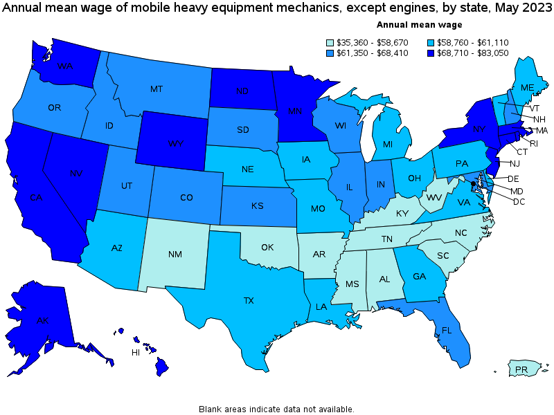Map of annual mean wages of mobile heavy equipment mechanics, except engines by state, May 2023