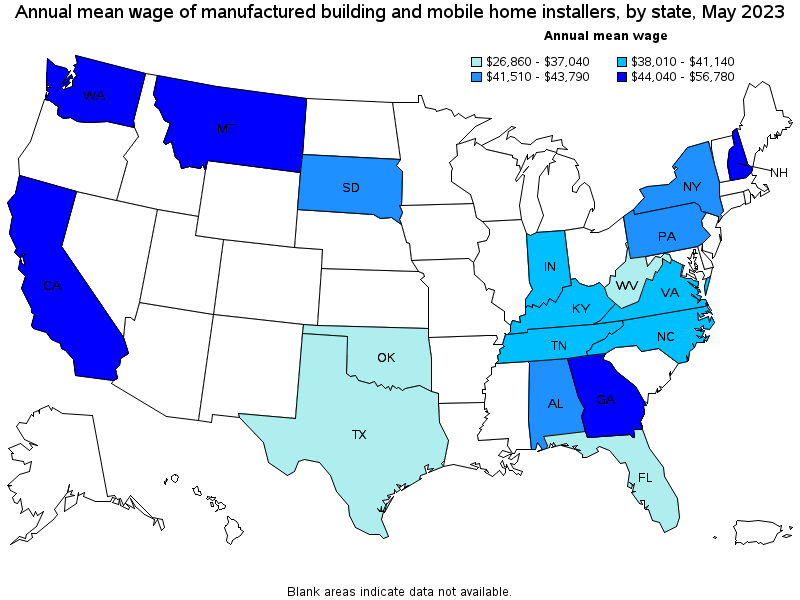 Map of annual mean wages of manufactured building and mobile home installers by state, May 2023