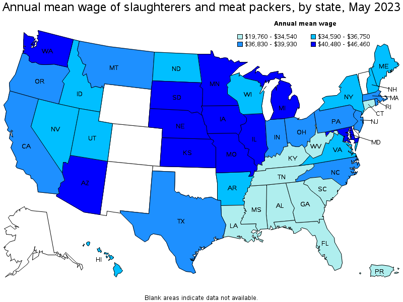 Map of annual mean wages of slaughterers and meat packers by state, May 2023
