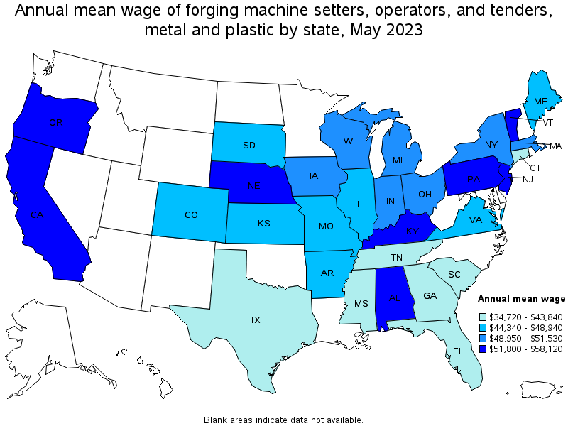 Map of annual mean wages of forging machine setters, operators, and tenders, metal and plastic by state, May 2023