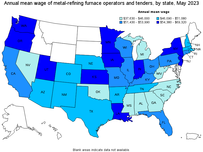 Map of annual mean wages of metal-refining furnace operators and tenders by state, May 2023