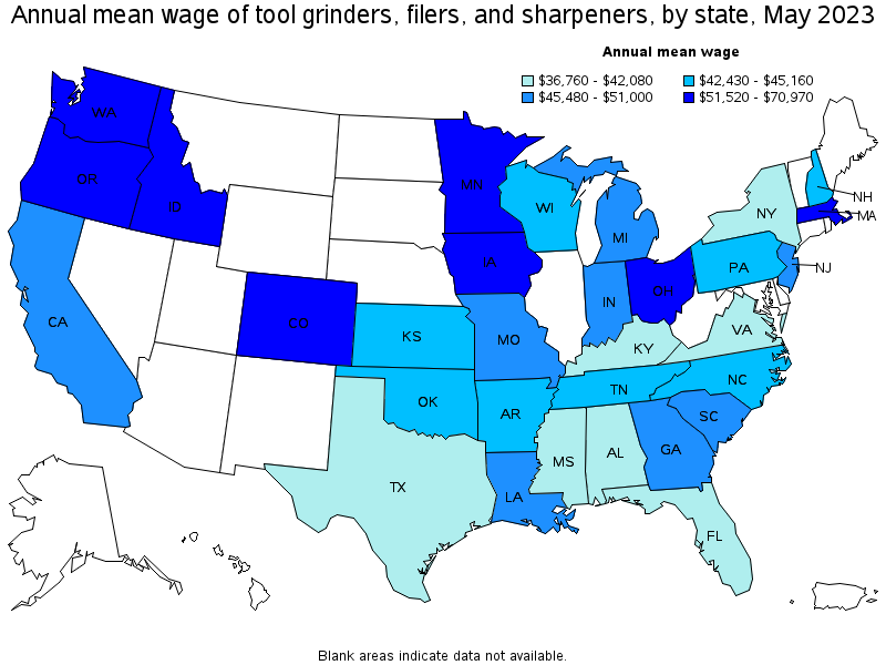 Map of annual mean wages of tool grinders, filers, and sharpeners by state, May 2023
