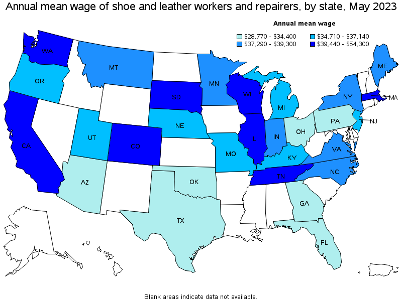Map of annual mean wages of shoe and leather workers and repairers by state, May 2023