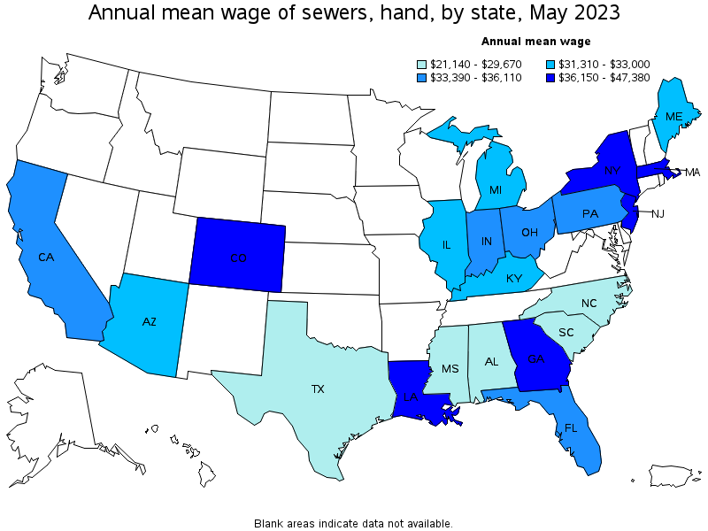 Map of annual mean wages of sewers, hand by state, May 2023